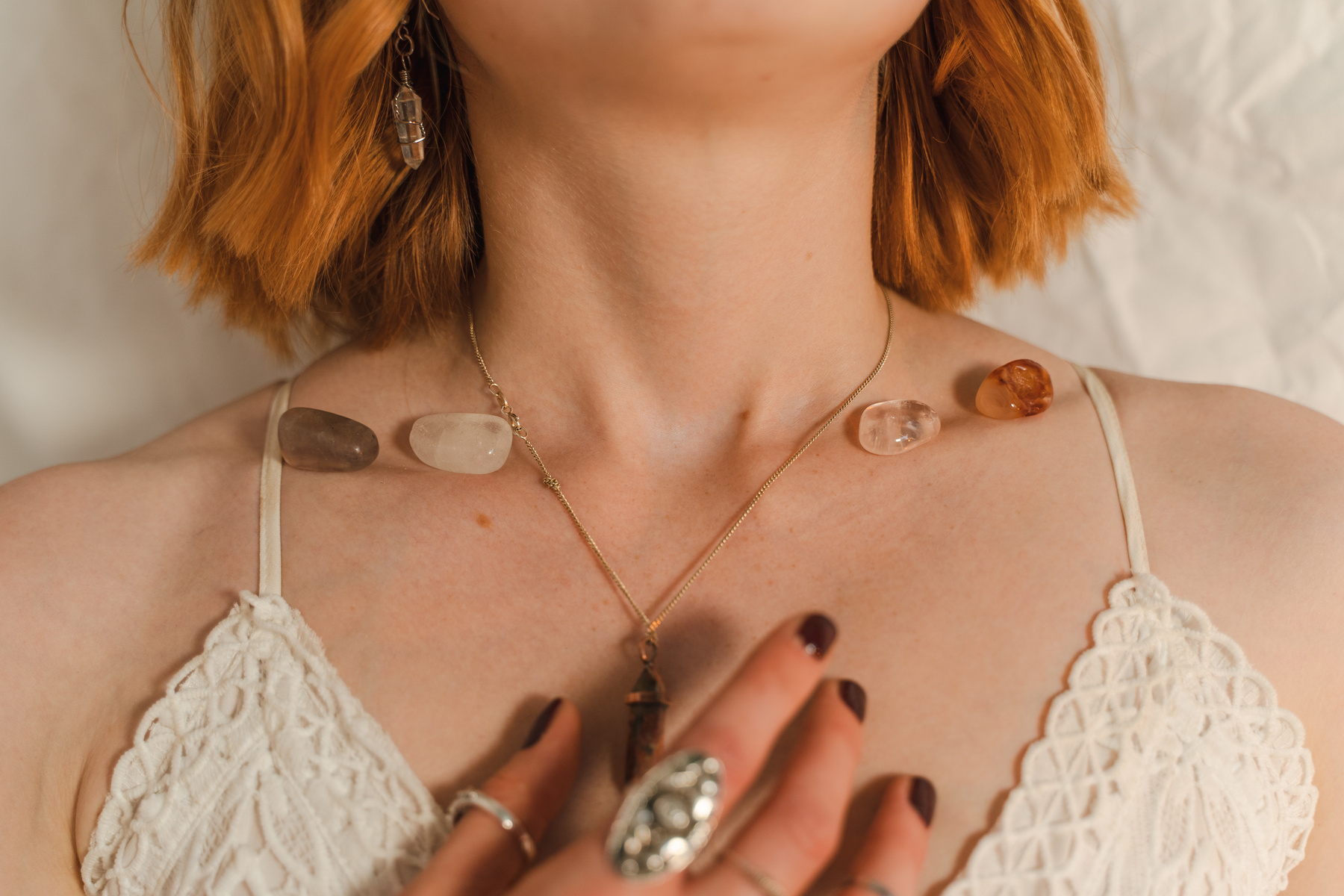 Woman with Crystals on Her Collarbones  